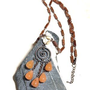 Genuine Orange Agate Copper Long Necklace, Antique Tribal Ethnic Berber Inspired